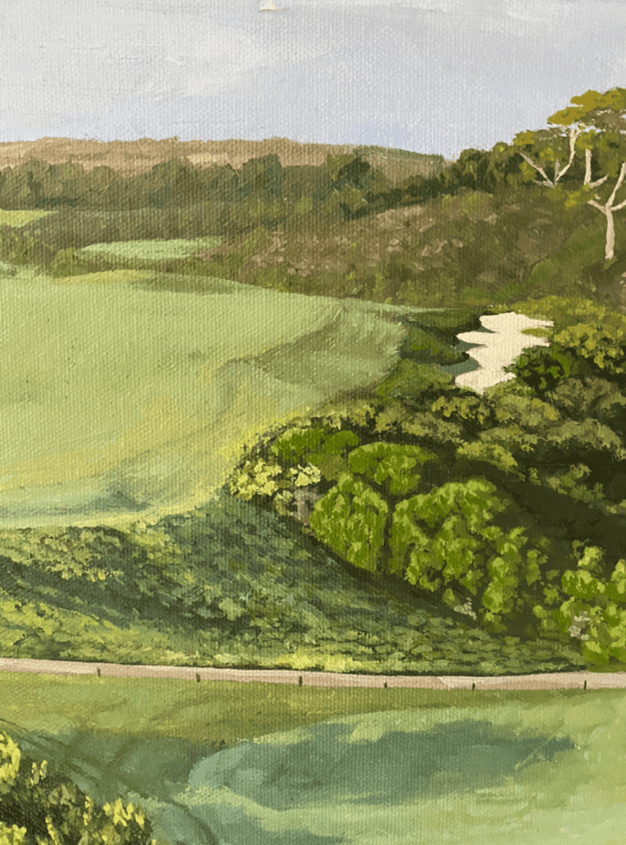 GOLF ART: Pelican Hill golf club golf course painting, close up 